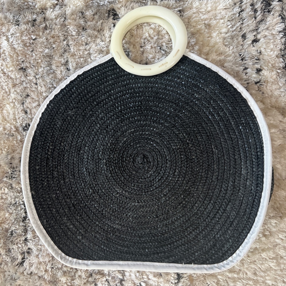 Cache Black Elegant Retro Style Bag  Woven Tote with White Trim and Handle